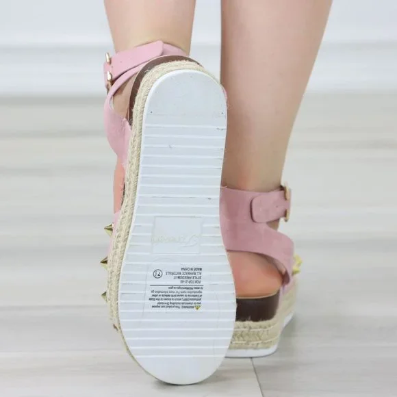 Dusty Pink Nubuck Metal Stud Sandals Espadrille Platform Heel - Picture 6 of 13